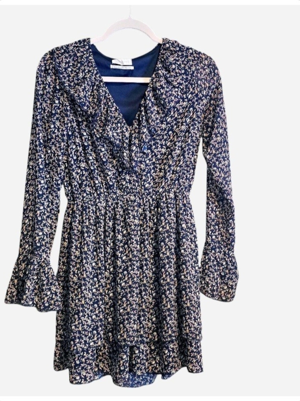 Floral Ruffle Long Sleeve Mini Dress Cottagecore Romantic Tiered Navy